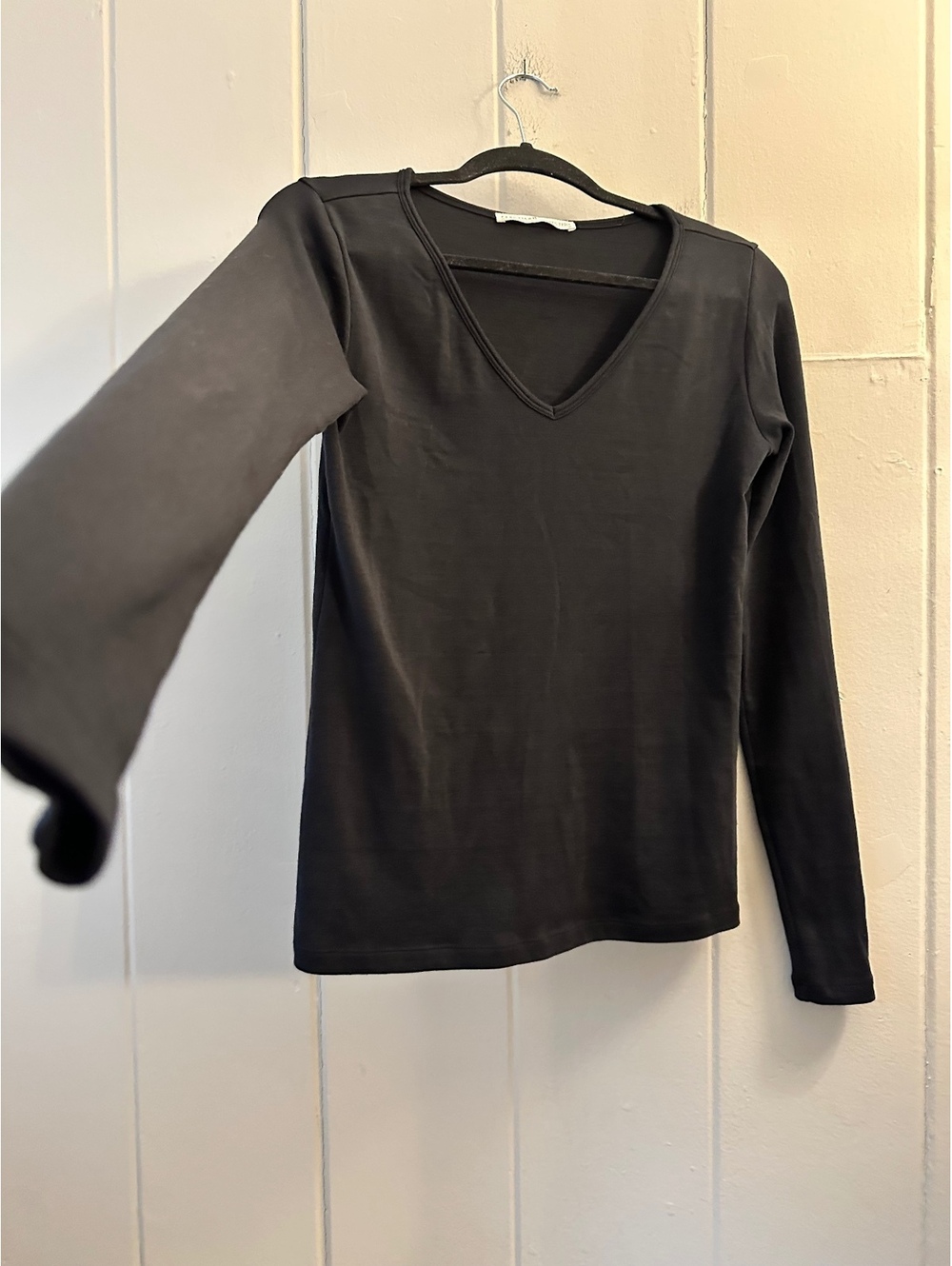 Peruvian Connection Black Pima Cotton Ribbed V-Neck Top Tee Long Sleeve Medium